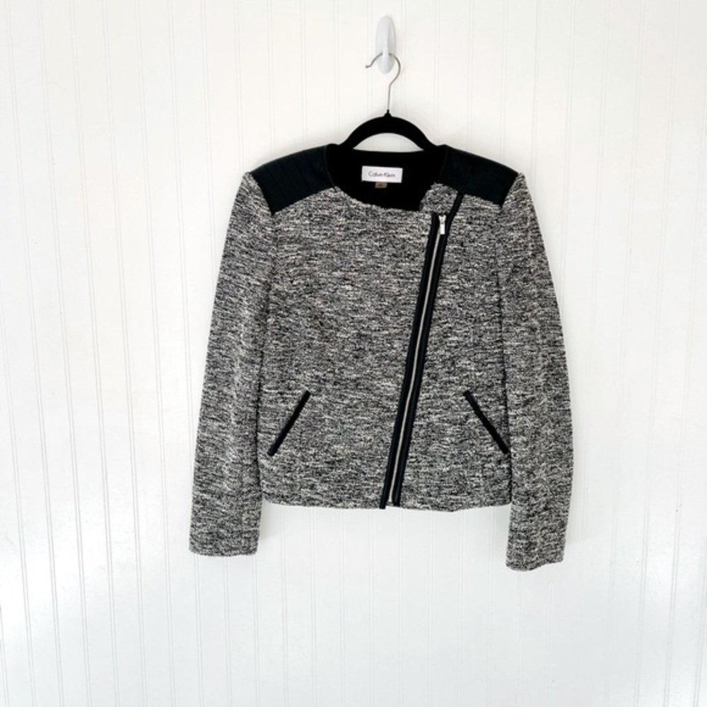 Calvin Klein tweed and faux leather moto jacket - 10